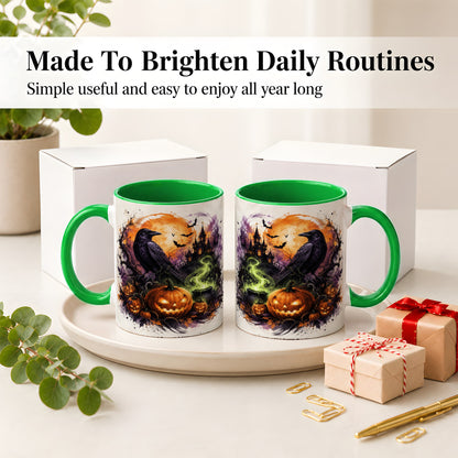 #pl[11oz|Green] Halloween Raven Ceramic Coffee Cup, Mug with Pumpkin Artwork