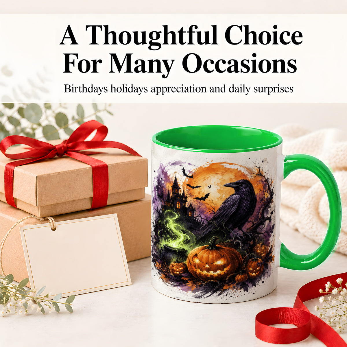 #pl[11oz|Green] Halloween Raven Ceramic Coffee Cup, Mug with Pumpkin Artwork