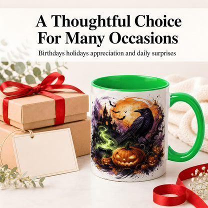 #pl[11oz|Green] Halloween Raven Ceramic Coffee Cup, Mug with Pumpkin Artwork