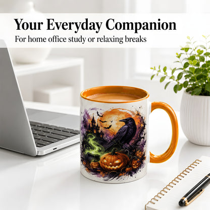 #pl[11oz|Orange] Halloween Raven Ceramic Coffee Cup, Mug with Pumpkin Artwork