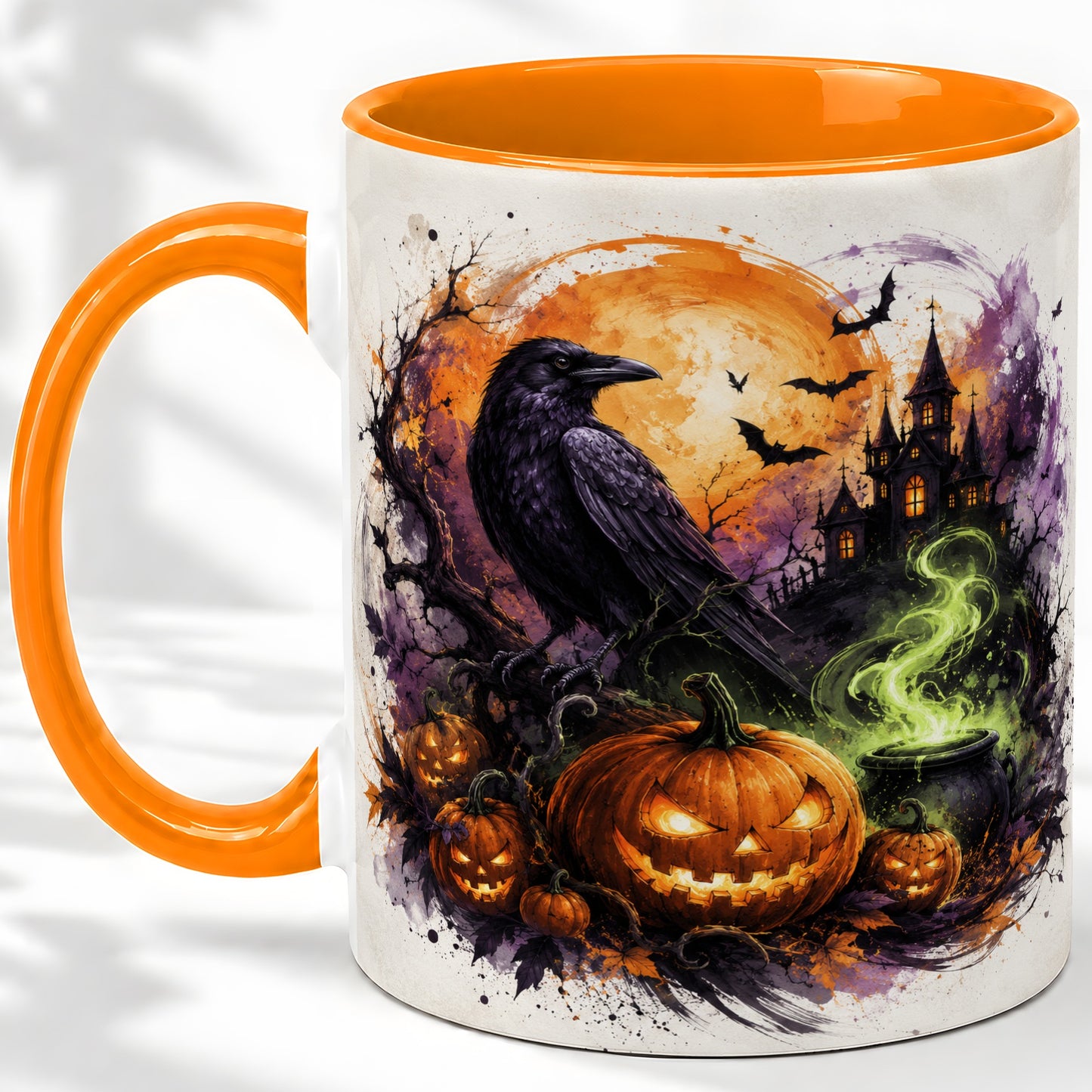 #pl[11oz|Orange] Halloween Raven Ceramic Coffee Cup, Mug with Pumpkin Artwork