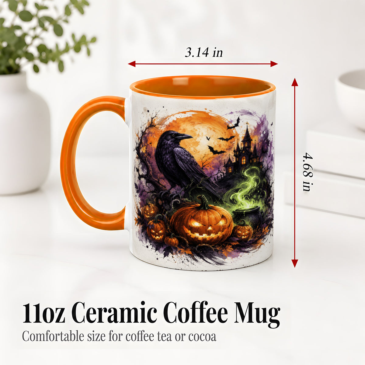 #pl[11oz|Orange] Halloween Raven Ceramic Coffee Cup, Mug with Pumpkin Artwork