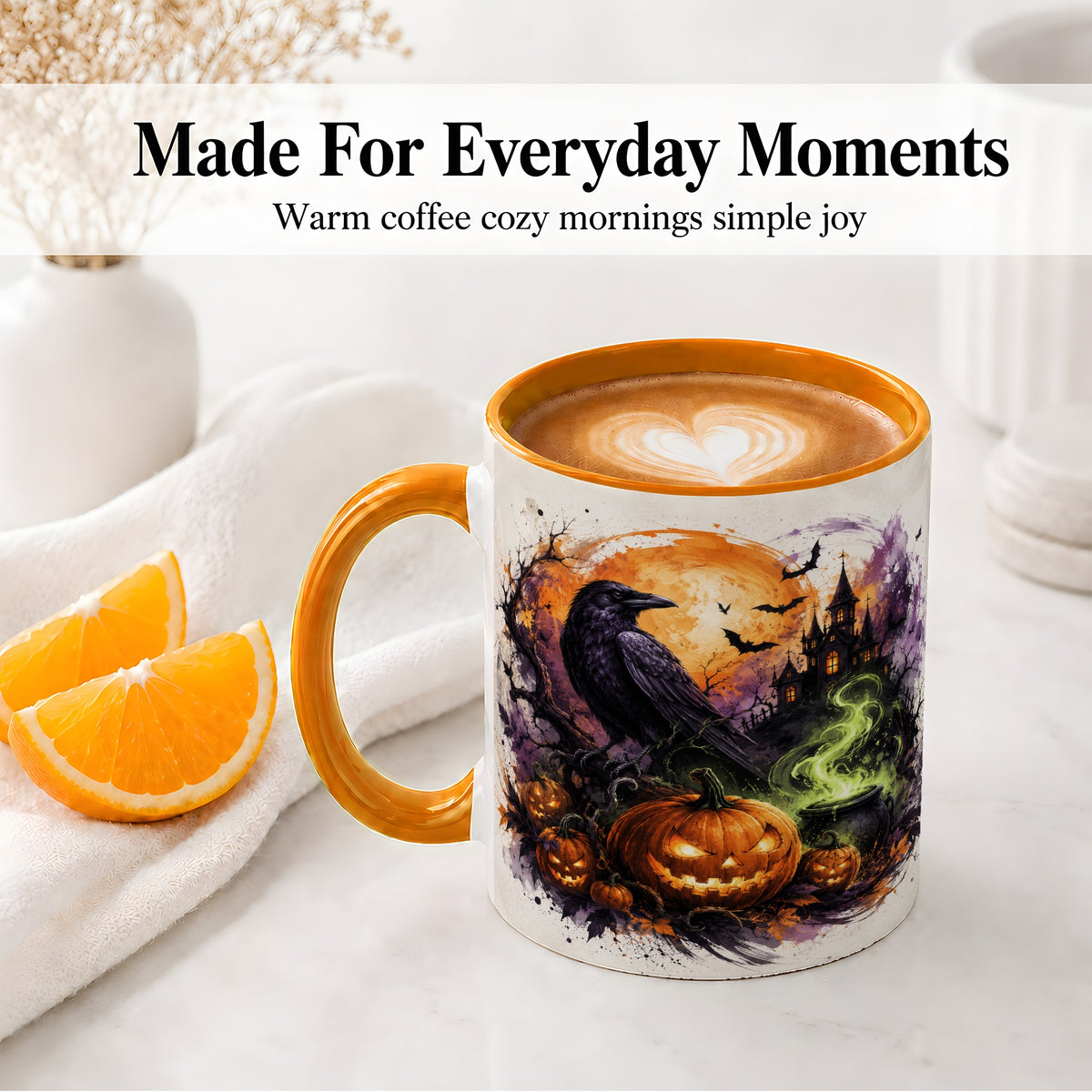 #pl[11oz|Orange] Halloween Raven Ceramic Coffee Cup, Mug with Pumpkin Artwork
