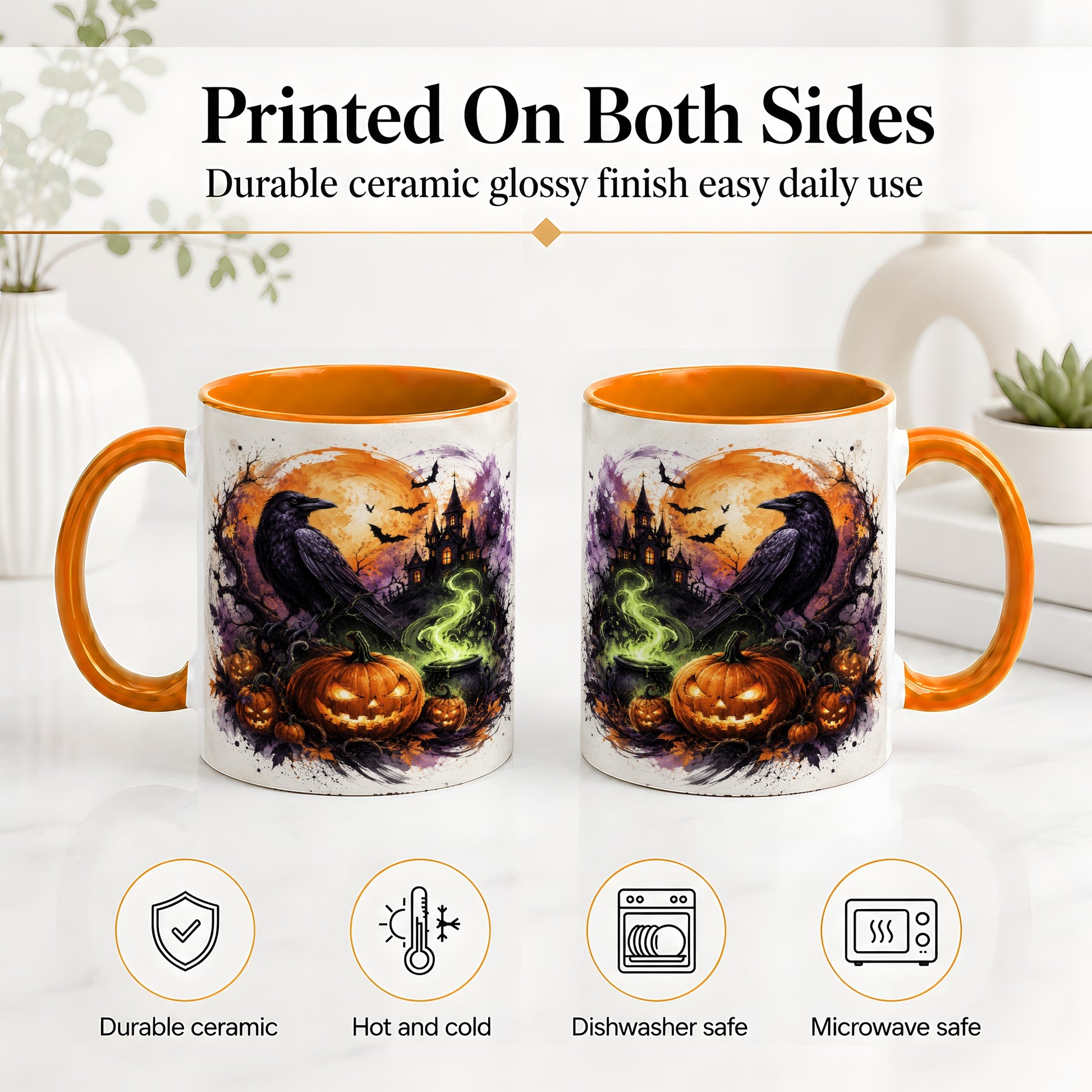 #pl[11oz|Orange] Halloween Raven Ceramic Coffee Cup, Mug with Pumpkin Artwork