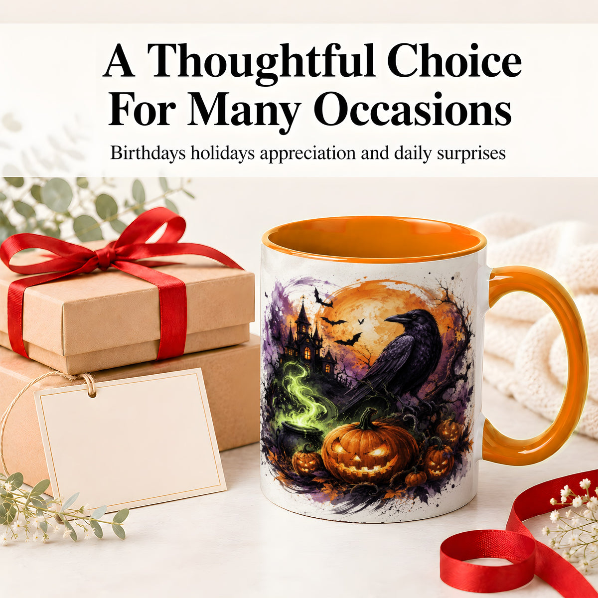 #pl[11oz|Orange] Halloween Raven Ceramic Coffee Cup, Mug with Pumpkin Artwork