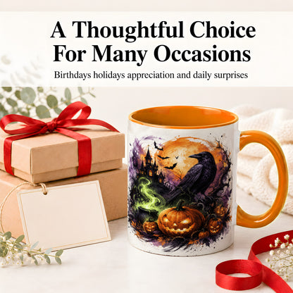 #pl[11oz|Orange] Halloween Raven Ceramic Coffee Cup, Mug with Pumpkin Artwork