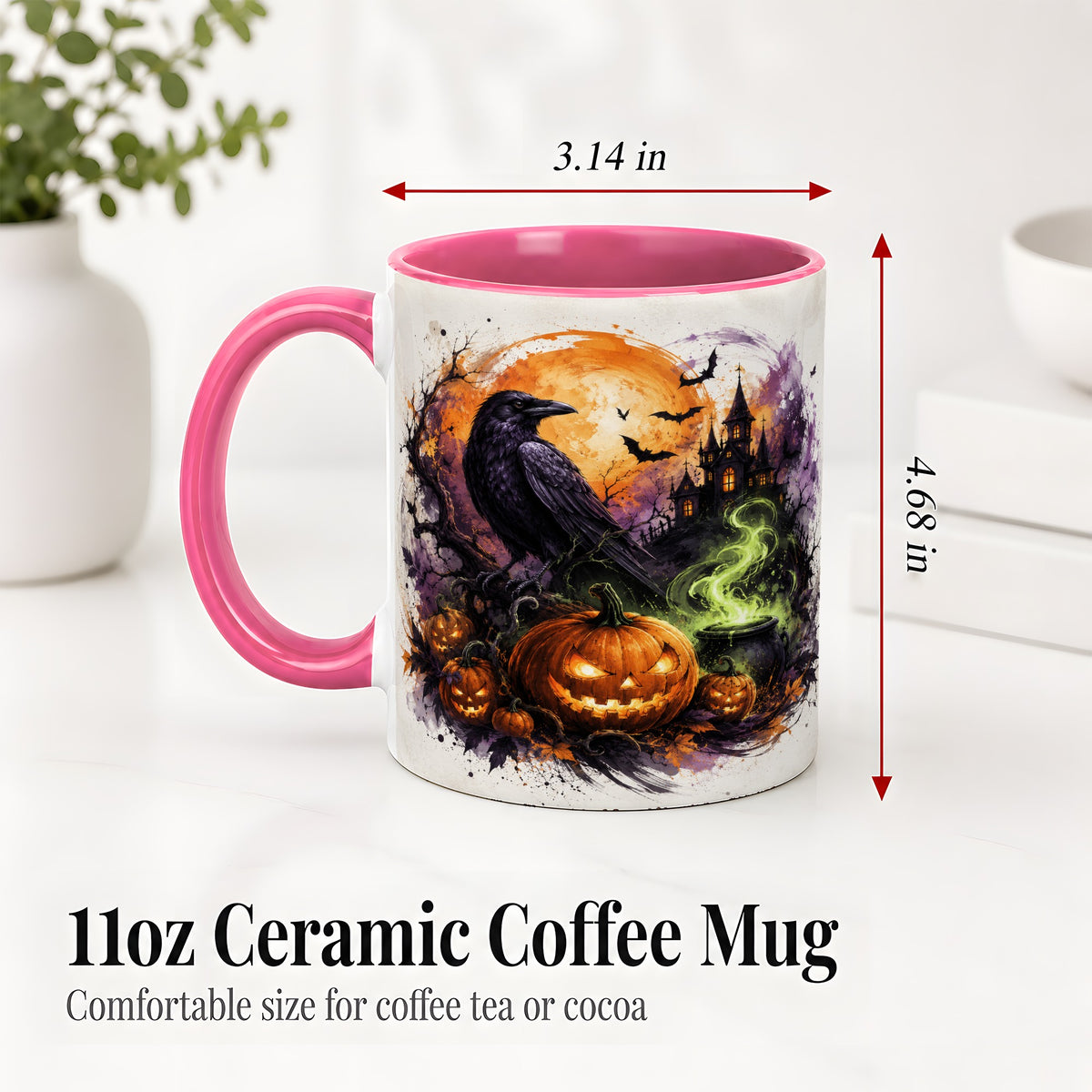 #pl[11oz|Pink] Halloween Raven Ceramic Coffee Cup, Mug with Pumpkin Artwork