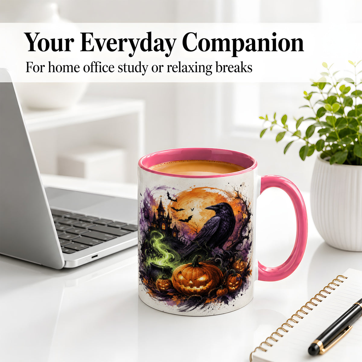 #pl[11oz|Pink] Halloween Raven Ceramic Coffee Cup, Mug with Pumpkin Artwork
