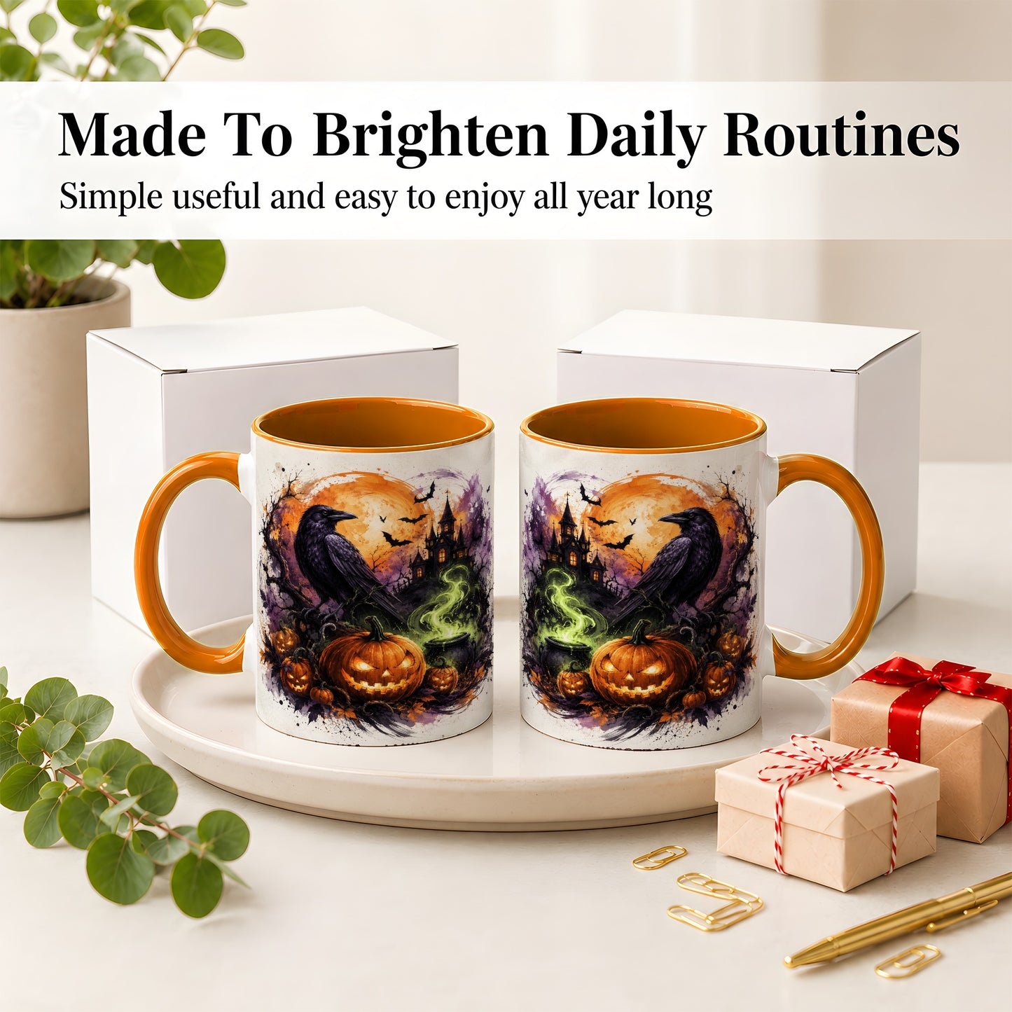 #pl[11oz|Orange] Halloween Raven Ceramic Coffee Cup, Mug with Pumpkin Artwork