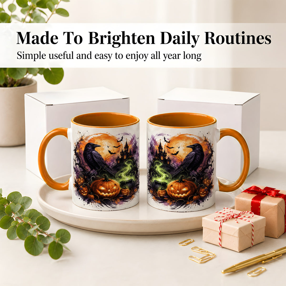 #pl[11oz|Orange] Halloween Raven Ceramic Coffee Cup, Mug with Pumpkin Artwork