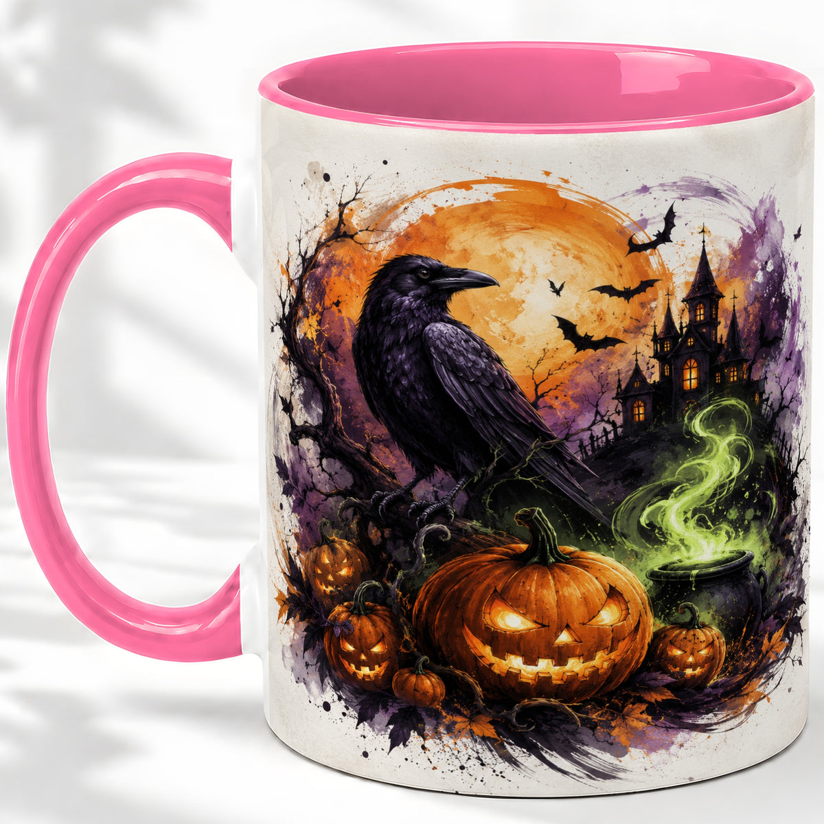 #pl[11oz|Pink] Halloween Raven Ceramic Coffee Cup, Mug with Pumpkin Artwork