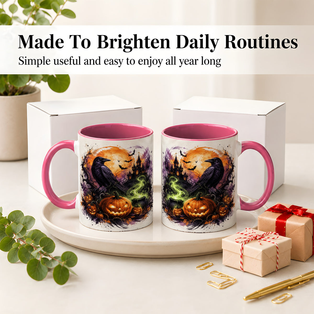 #pl[11oz|Pink] Halloween Raven Ceramic Coffee Cup, Mug with Pumpkin Artwork