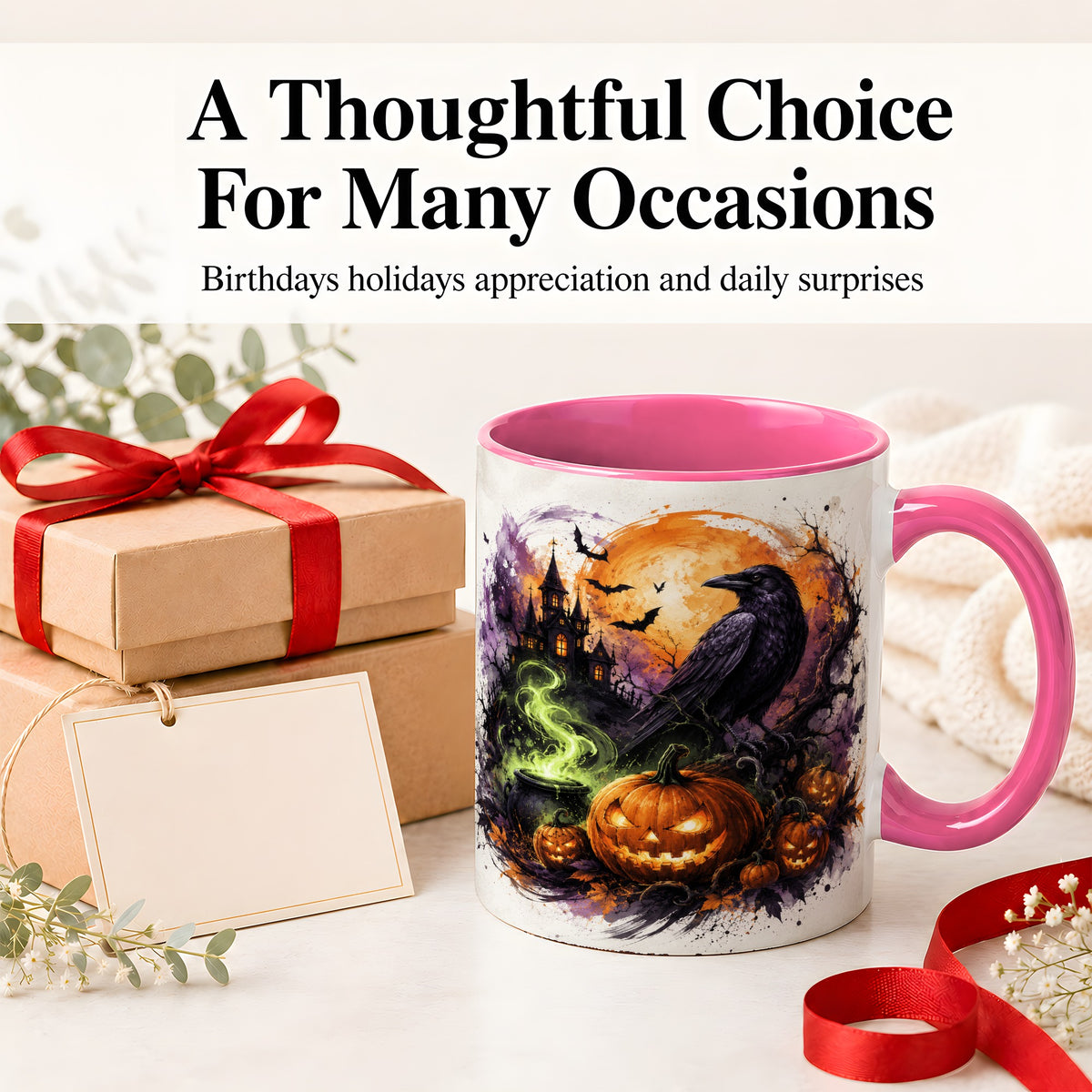#pl[11oz|Pink] Halloween Raven Ceramic Coffee Cup, Mug with Pumpkin Artwork