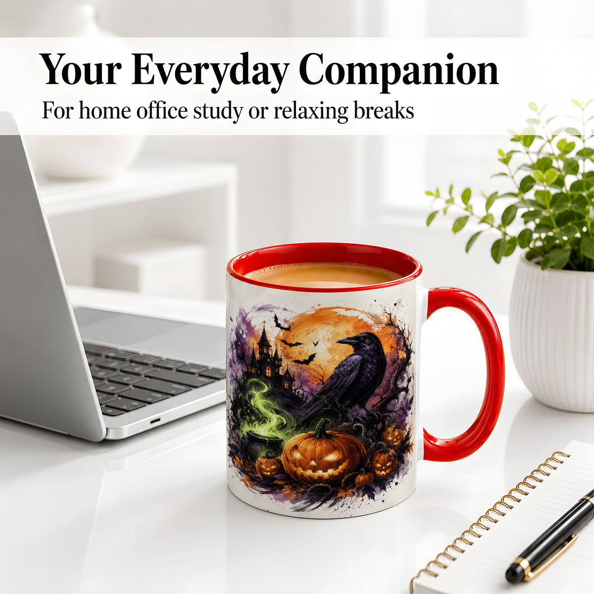 #pl[11oz|Red] Halloween Raven Ceramic Coffee Cup, Mug with Pumpkin Artwork