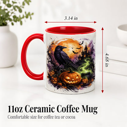 #pl[11oz|Red] Halloween Raven Ceramic Coffee Cup, Mug with Pumpkin Artwork