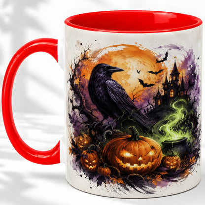 Halloween Raven Ceramic Coffee Cup, Mug with Pumpkin Artwork