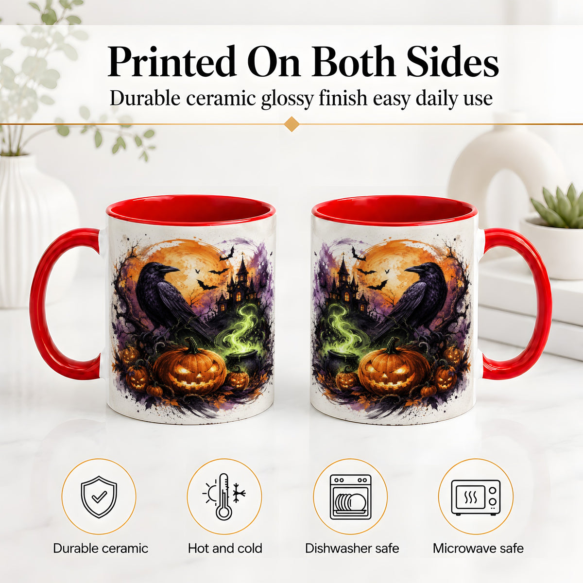 #pl[11oz|Red] Halloween Raven Ceramic Coffee Cup, Mug with Pumpkin Artwork