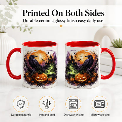 #pl[11oz|Red] Halloween Raven Ceramic Coffee Cup, Mug with Pumpkin Artwork