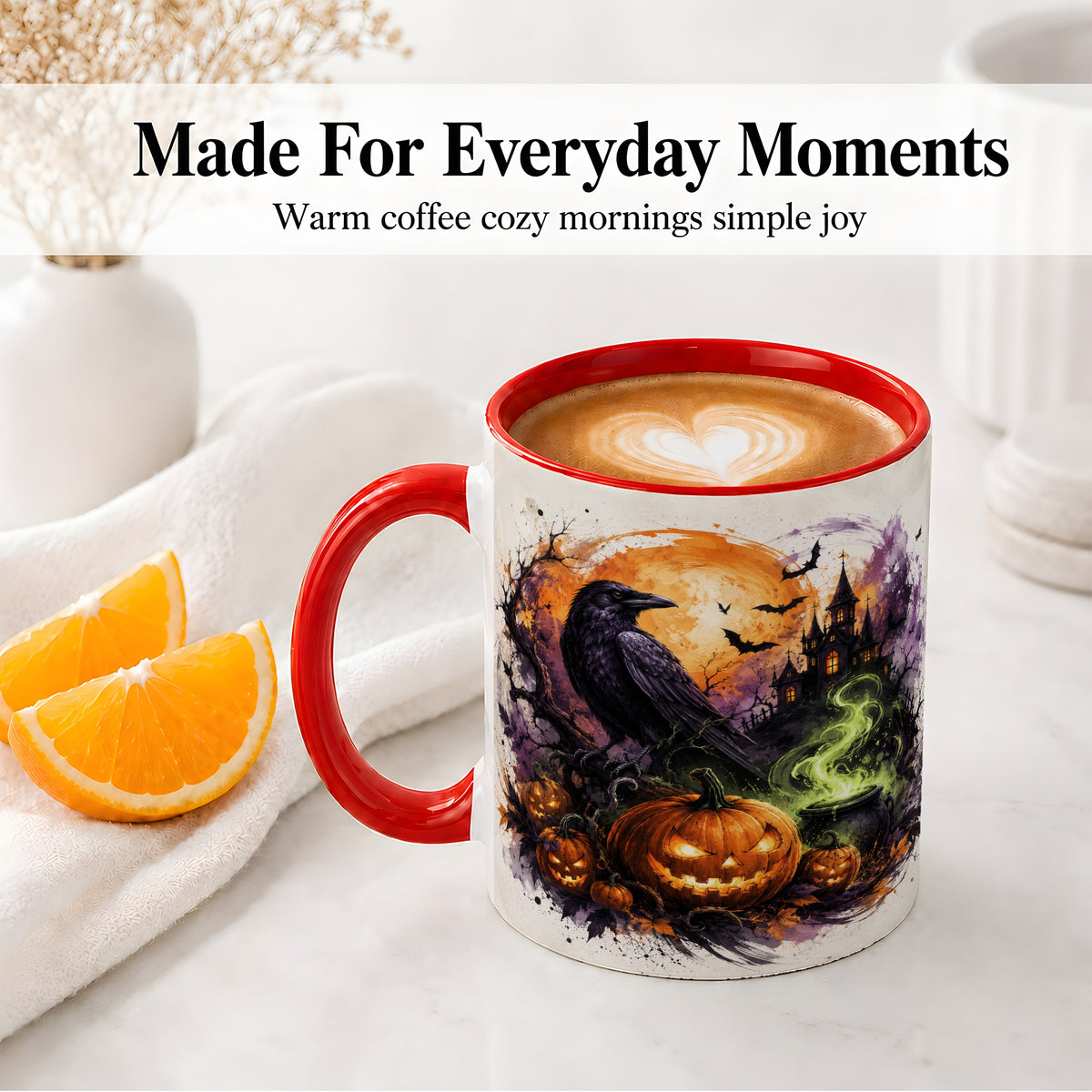 #pl[11oz|Red] Halloween Raven Ceramic Coffee Cup, Mug with Pumpkin Artwork