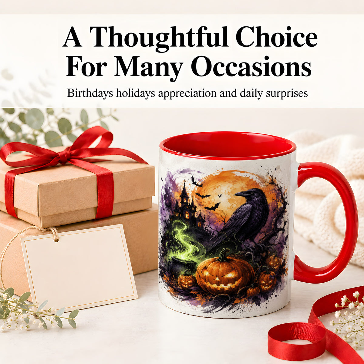 #pl[11oz|Red] Halloween Raven Ceramic Coffee Cup, Mug with Pumpkin Artwork