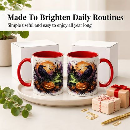 #pl[11oz|Red] Halloween Raven Ceramic Coffee Cup, Mug with Pumpkin Artwork