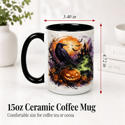 #pl[15oz|Black] Halloween Raven Ceramic Coffee Cup, Mug with Pumpkin Artwork