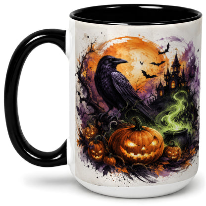 #pl[15oz|Black] Halloween Raven Ceramic Coffee Cup, Mug with Pumpkin Artwork