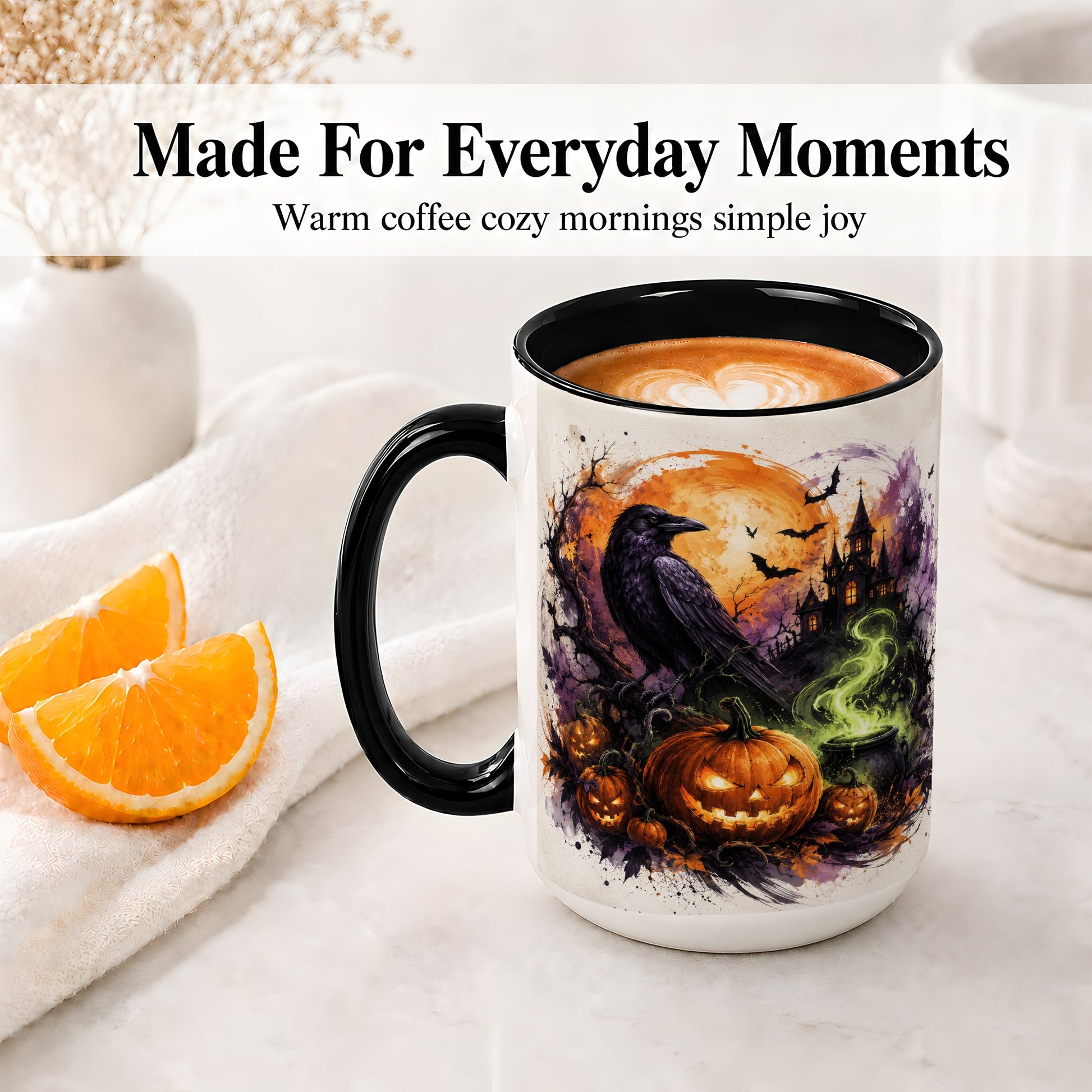 #pl[15oz|Black] Halloween Raven Ceramic Coffee Cup, Mug with Pumpkin Artwork