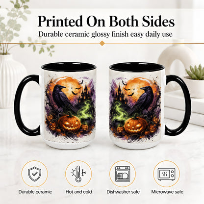 #pl[15oz|Black] Halloween Raven Ceramic Coffee Cup, Mug with Pumpkin Artwork