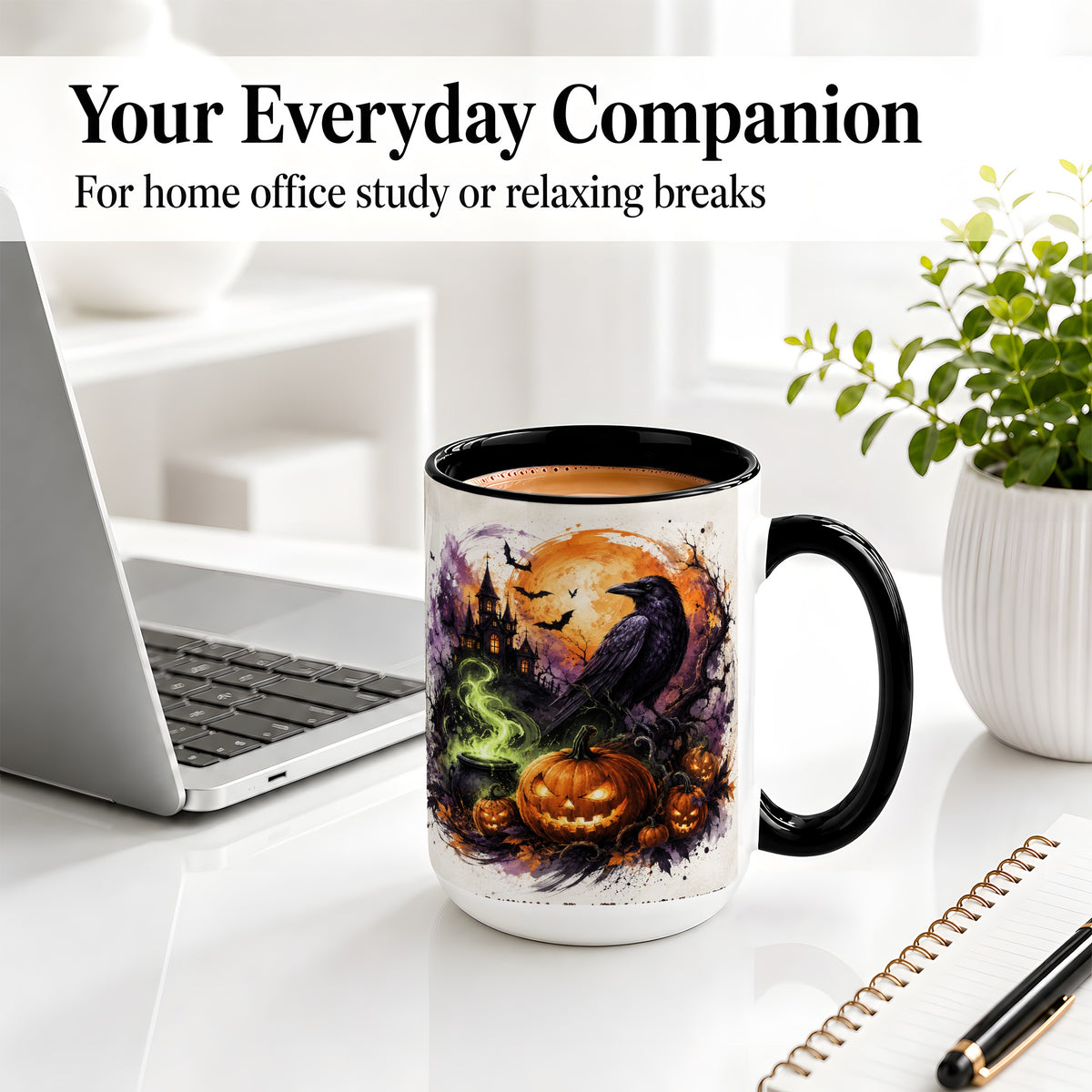 #pl[15oz|Black] Halloween Raven Ceramic Coffee Cup, Mug with Pumpkin Artwork