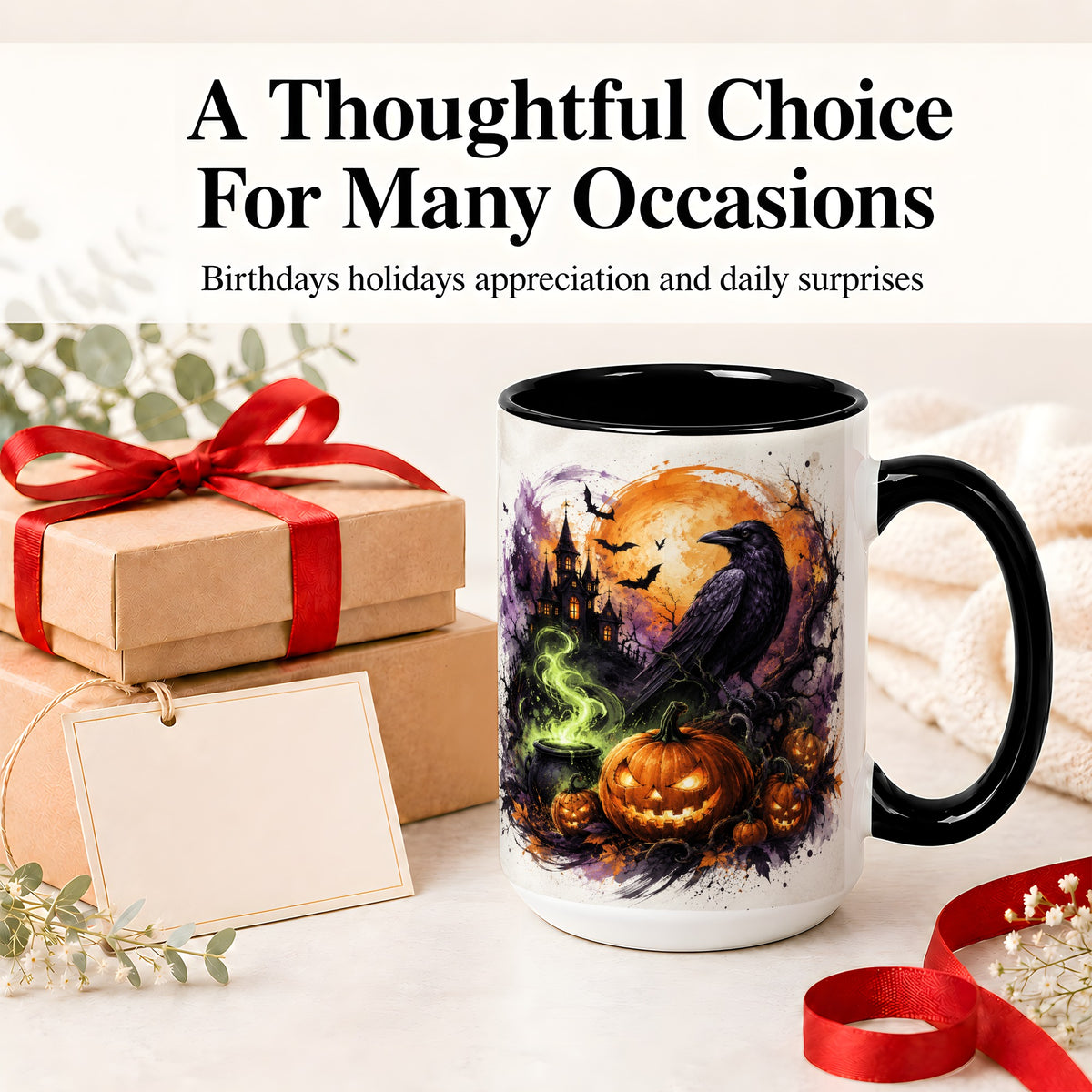 #pl[15oz|Black] Halloween Raven Ceramic Coffee Cup, Mug with Pumpkin Artwork