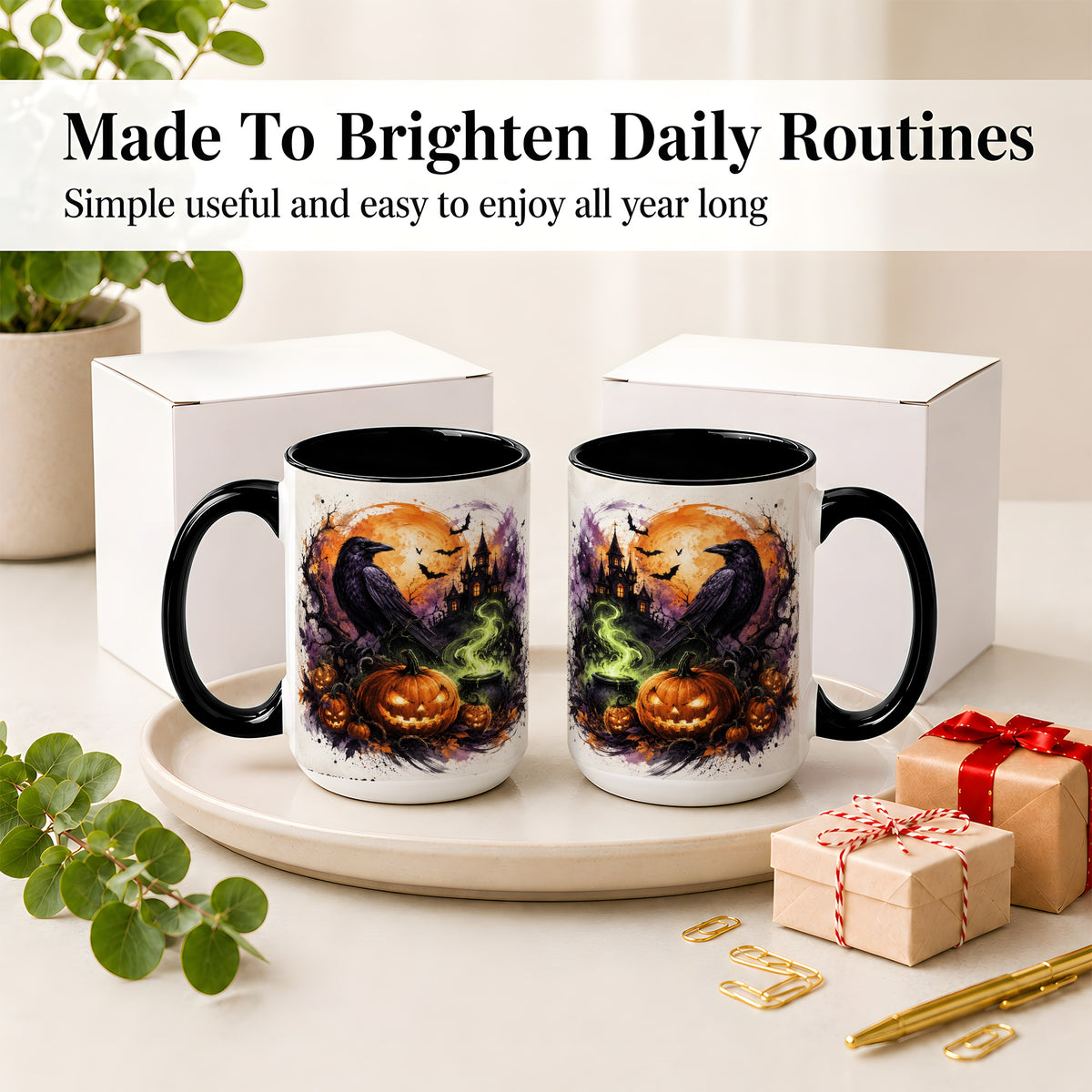 #pl[15oz|Black] Halloween Raven Ceramic Coffee Cup, Mug with Pumpkin Artwork