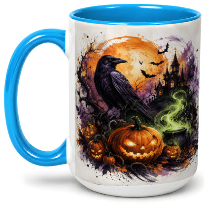 #pl[15oz|Blue] Halloween Raven Ceramic Coffee Cup, Mug with Pumpkin Artwork