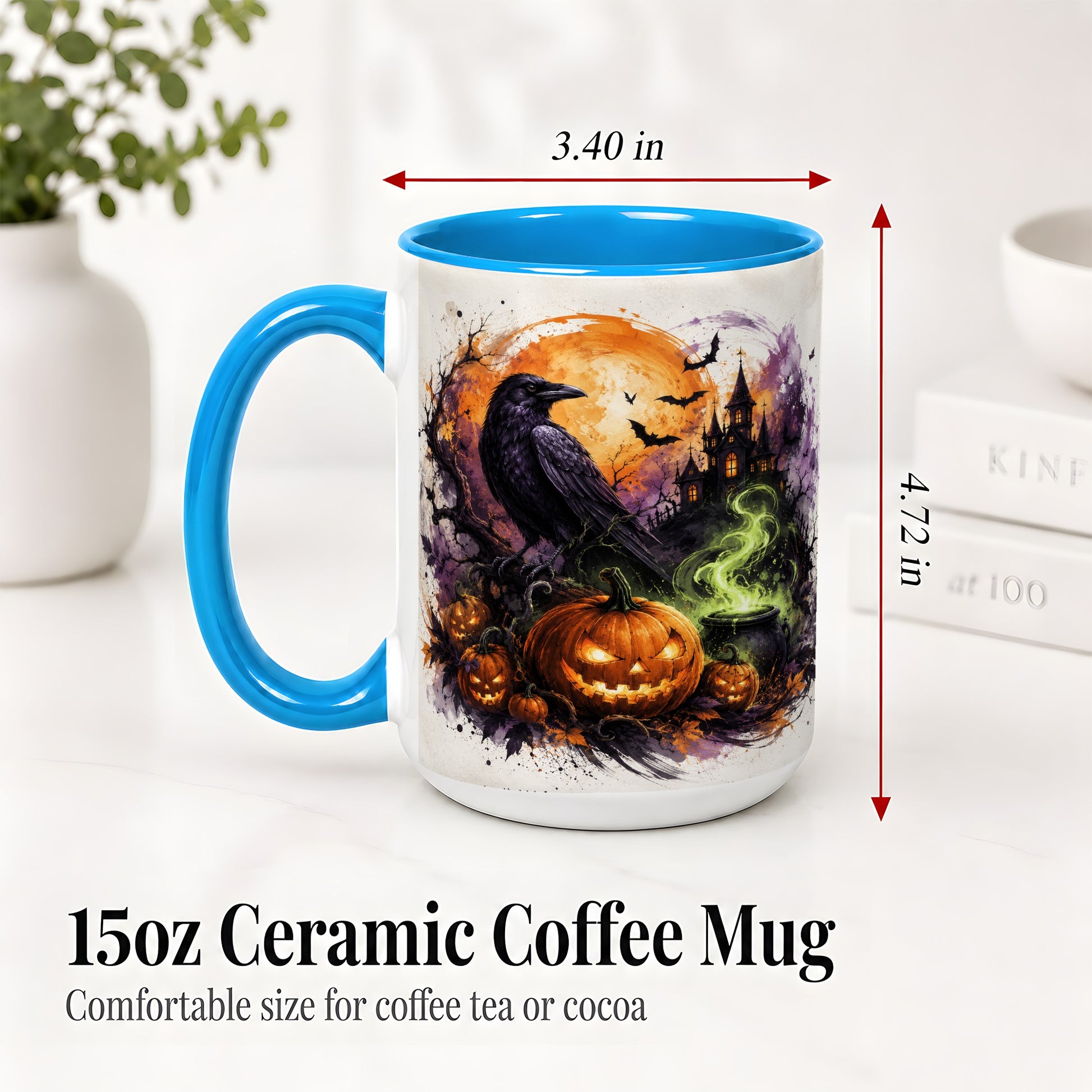 #pl[15oz|Blue] Halloween Raven Ceramic Coffee Cup, Mug with Pumpkin Artwork