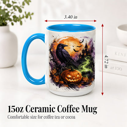 #pl[15oz|Blue] Halloween Raven Ceramic Coffee Cup, Mug with Pumpkin Artwork
