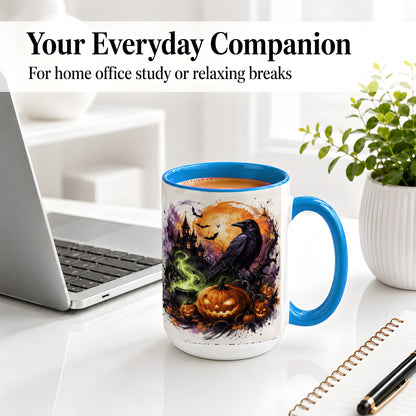 #pl[15oz|Blue] Halloween Raven Ceramic Coffee Cup, Mug with Pumpkin Artwork