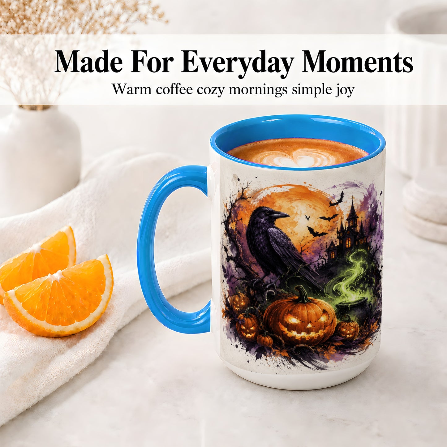 #pl[15oz|Blue] Halloween Raven Ceramic Coffee Cup, Mug with Pumpkin Artwork