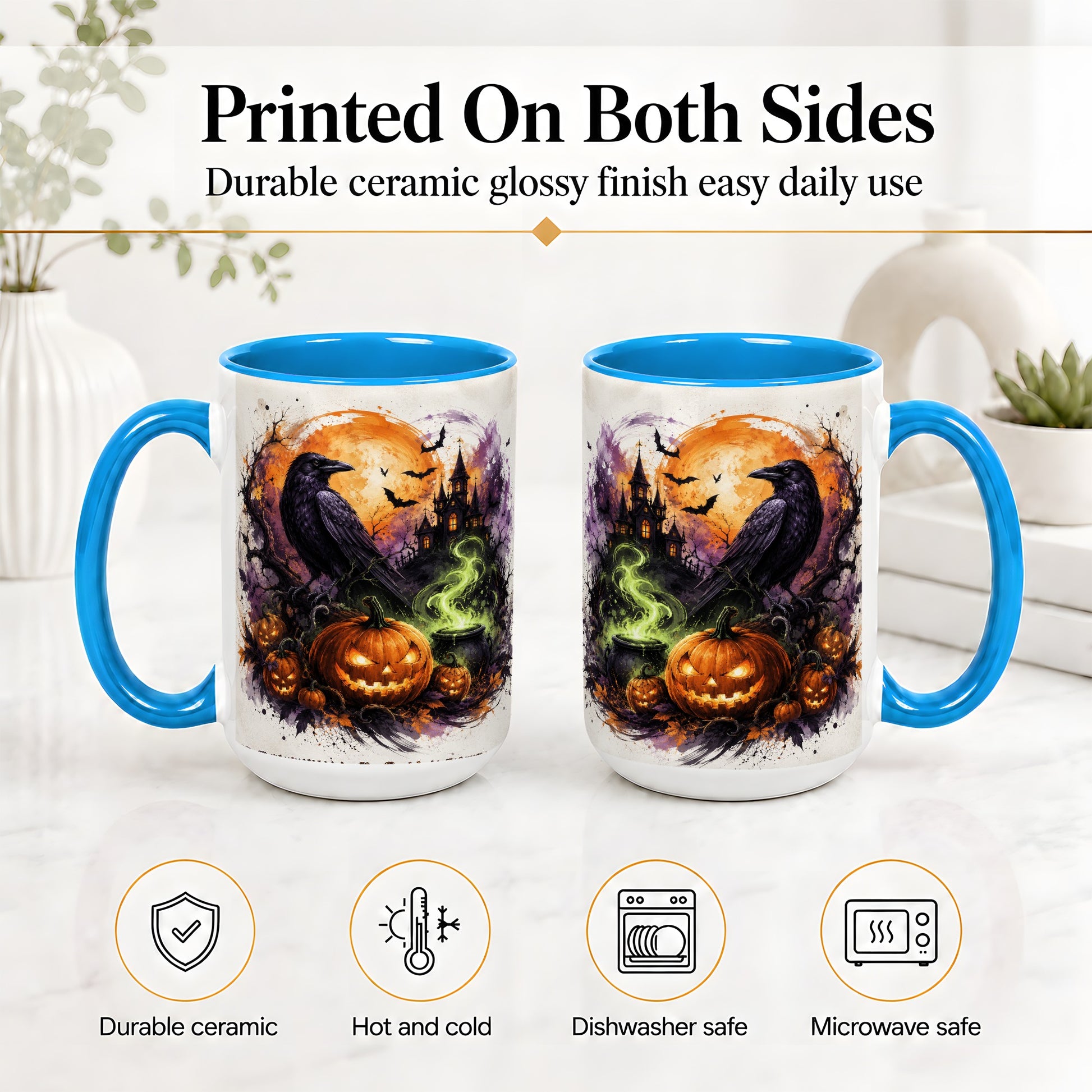 #pl[15oz|Blue] Halloween Raven Ceramic Coffee Cup, Mug with Pumpkin Artwork