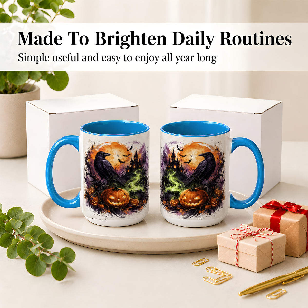 #pl[15oz|Blue] Halloween Raven Ceramic Coffee Cup, Mug with Pumpkin Artwork