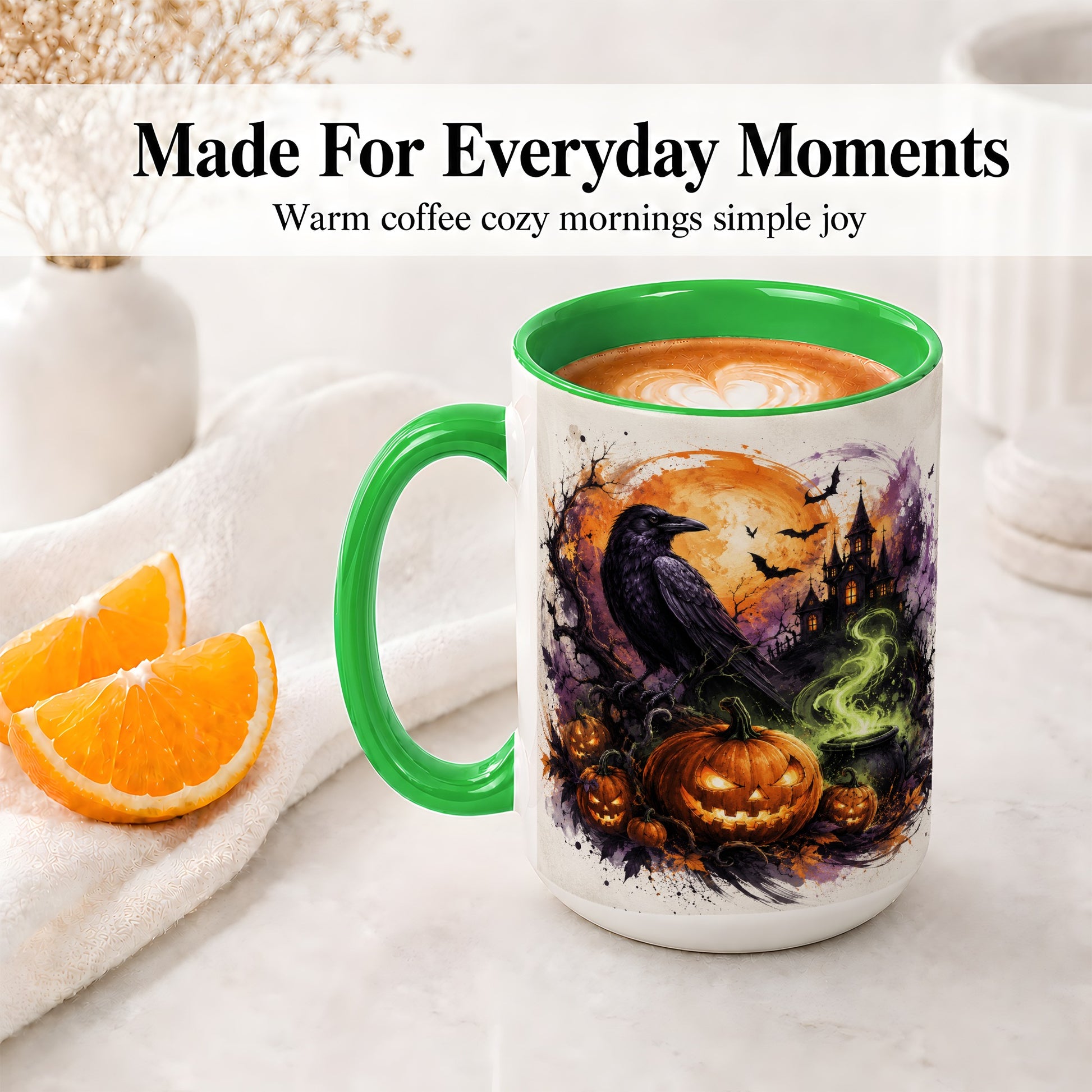 #pl[15oz|Green] Halloween Raven Ceramic Coffee Cup, Mug with Pumpkin Artwork