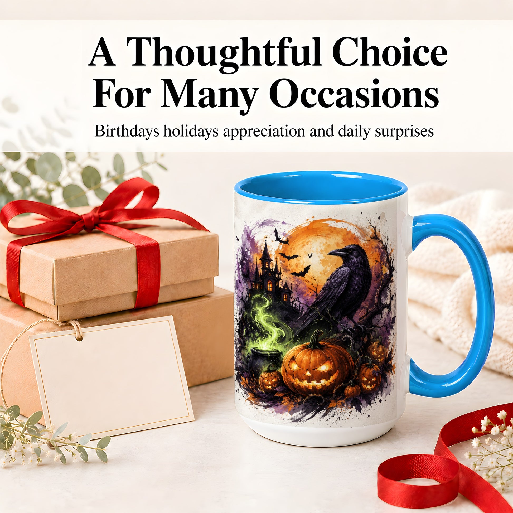 #pl[15oz|Blue] Halloween Raven Ceramic Coffee Cup, Mug with Pumpkin Artwork