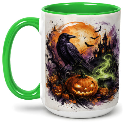 #pl[15oz|Green] Halloween Raven Ceramic Coffee Cup, Mug with Pumpkin Artwork