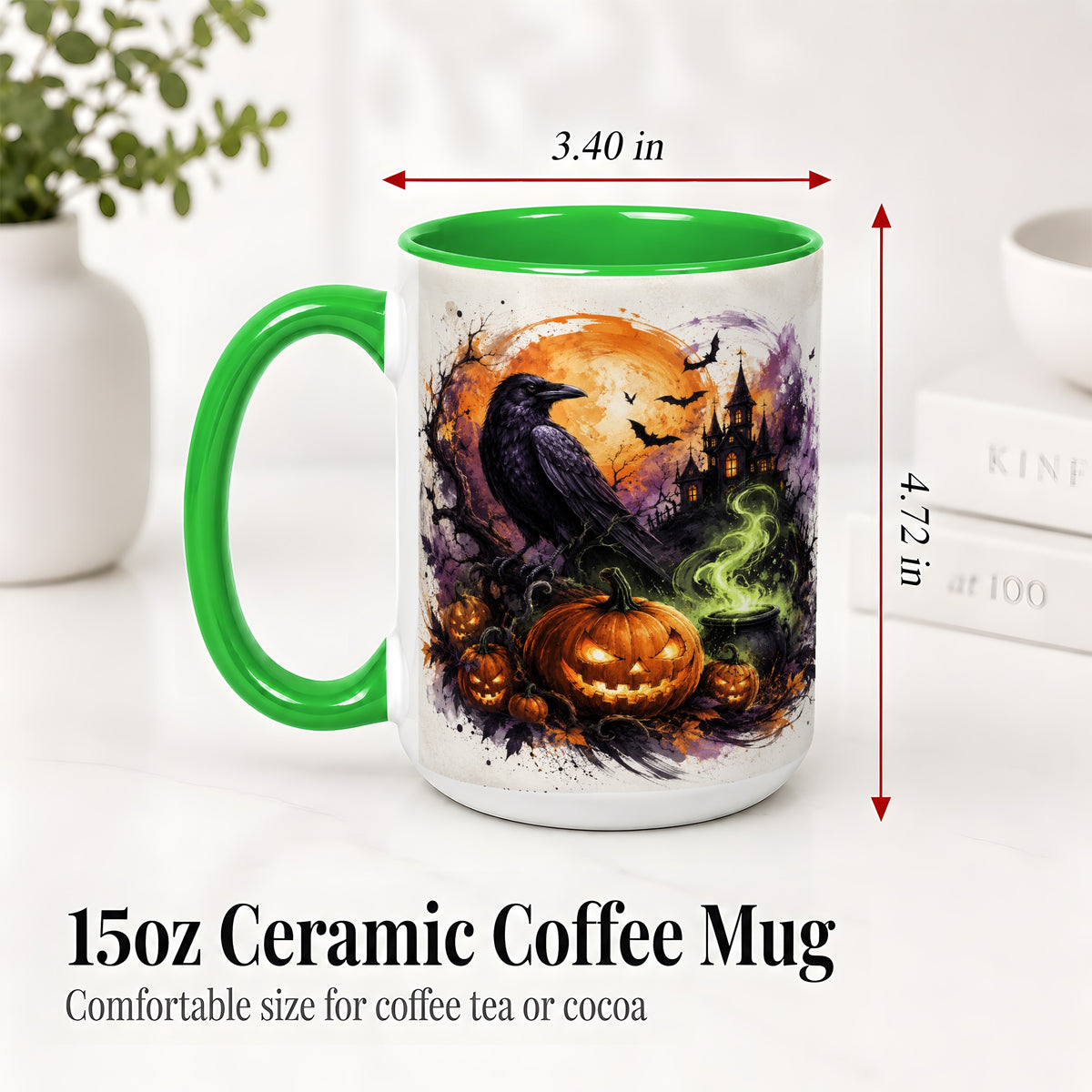 #pl[15oz|Green] Halloween Raven Ceramic Coffee Cup, Mug with Pumpkin Artwork