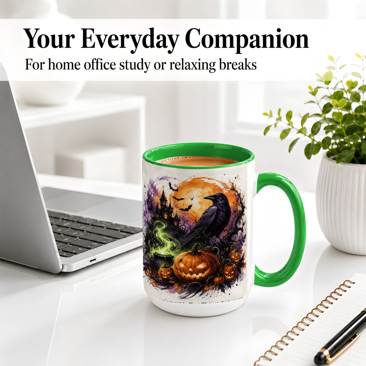 #pl[15oz|Green] Halloween Raven Ceramic Coffee Cup, Mug with Pumpkin Artwork