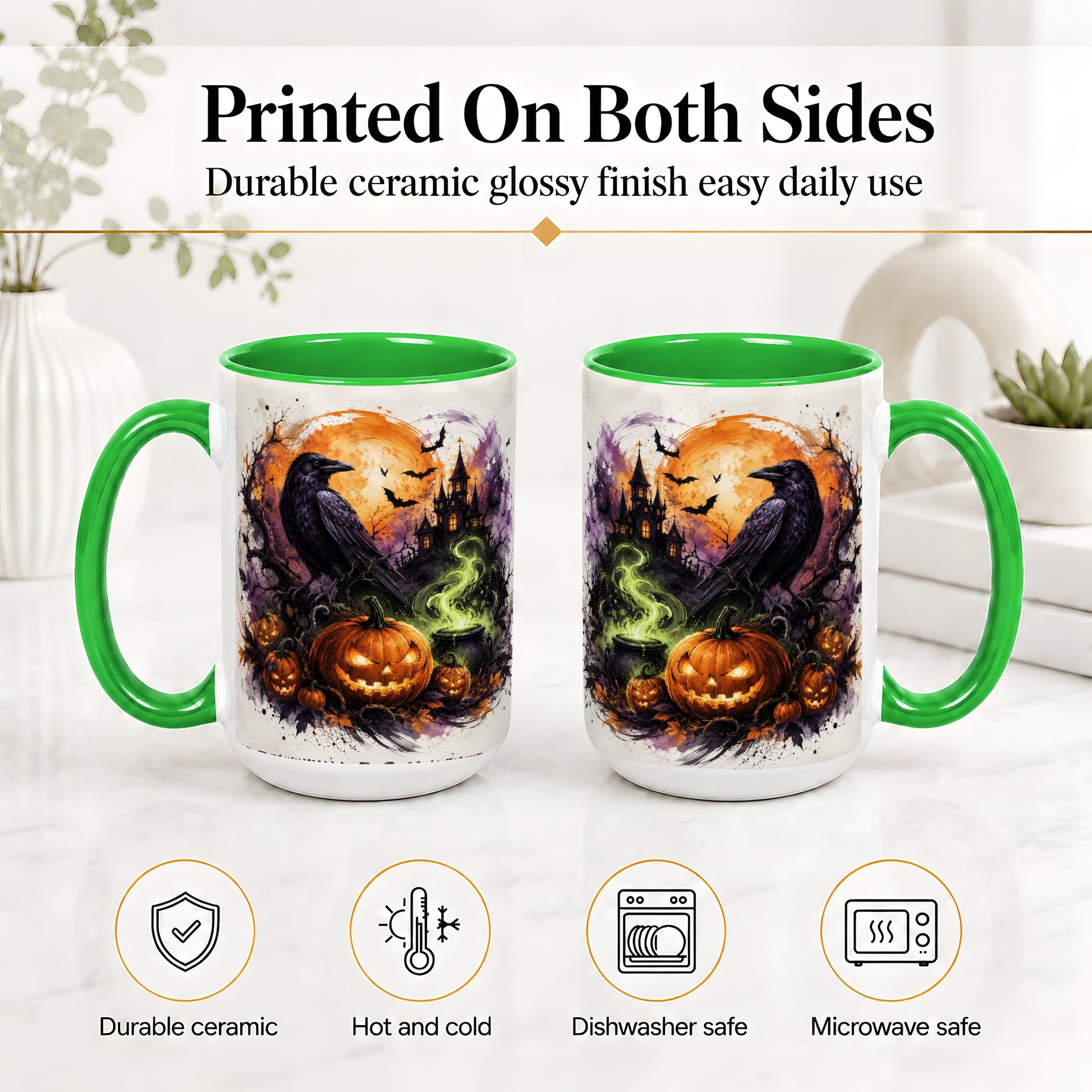 #pl[15oz|Green] Halloween Raven Ceramic Coffee Cup, Mug with Pumpkin Artwork