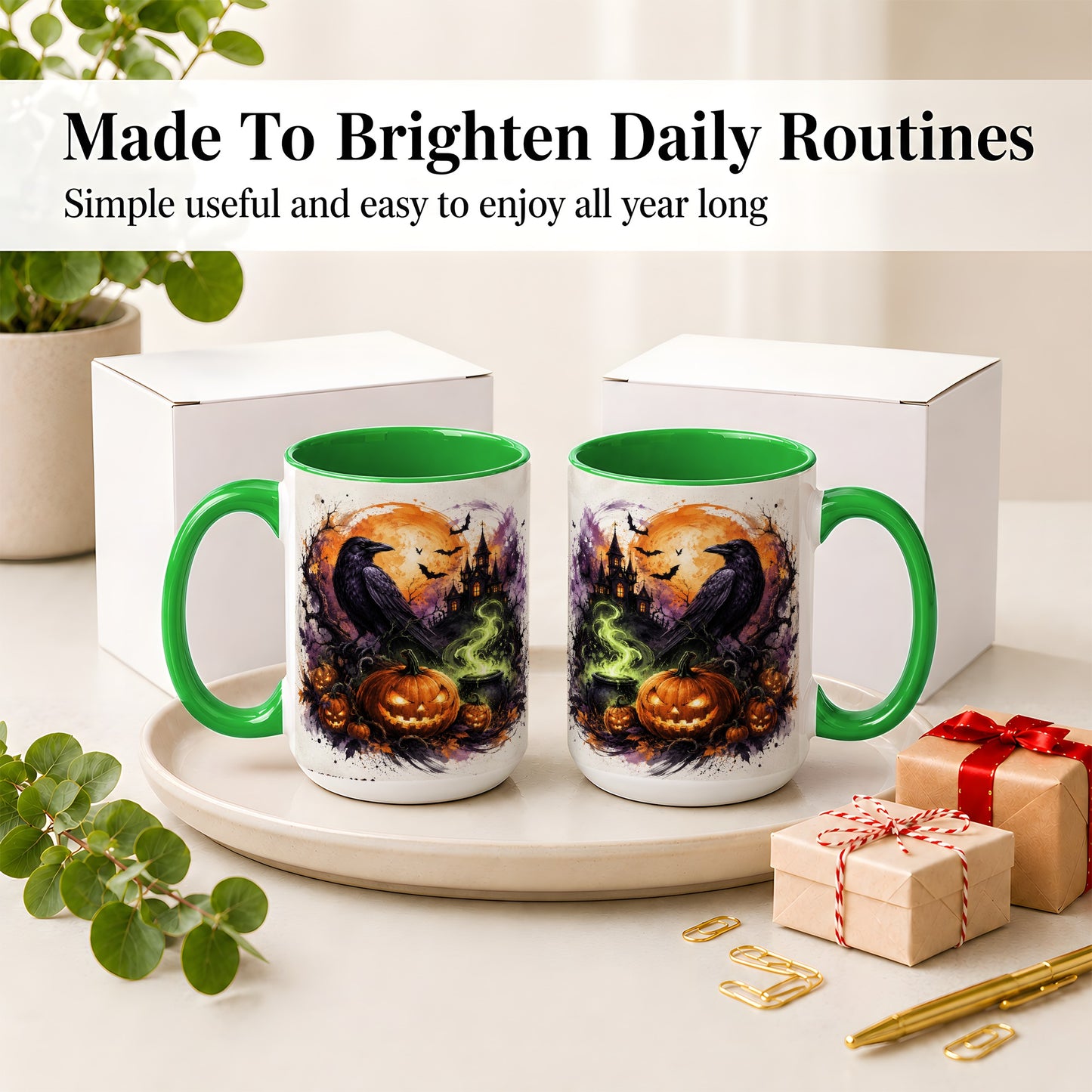 #pl[15oz|Green] Halloween Raven Ceramic Coffee Cup, Mug with Pumpkin Artwork