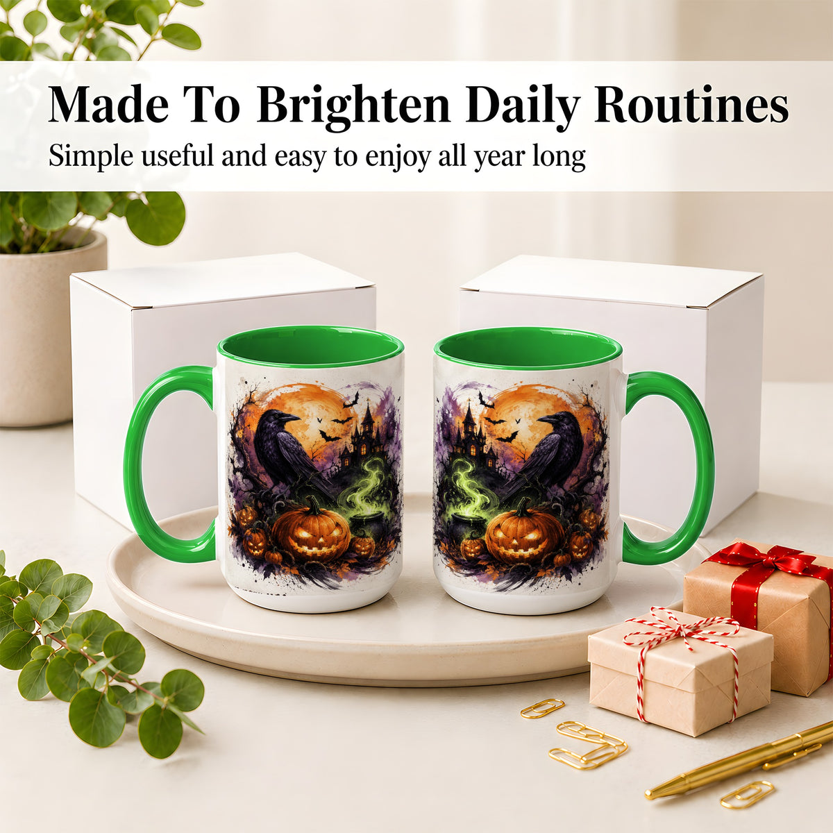#pl[15oz|Green] Halloween Raven Ceramic Coffee Cup, Mug with Pumpkin Artwork