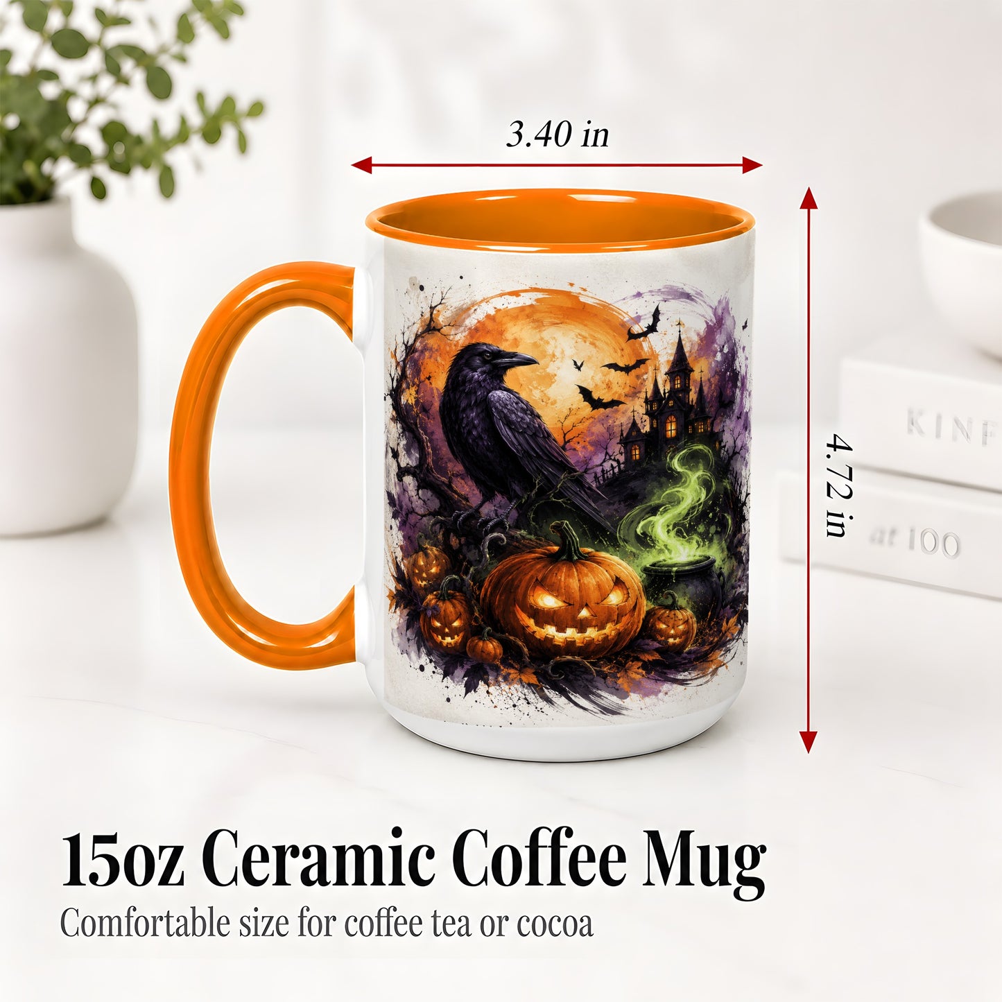#pl[15oz|Orange] Halloween Raven Ceramic Coffee Cup, Mug with Pumpkin Artwork