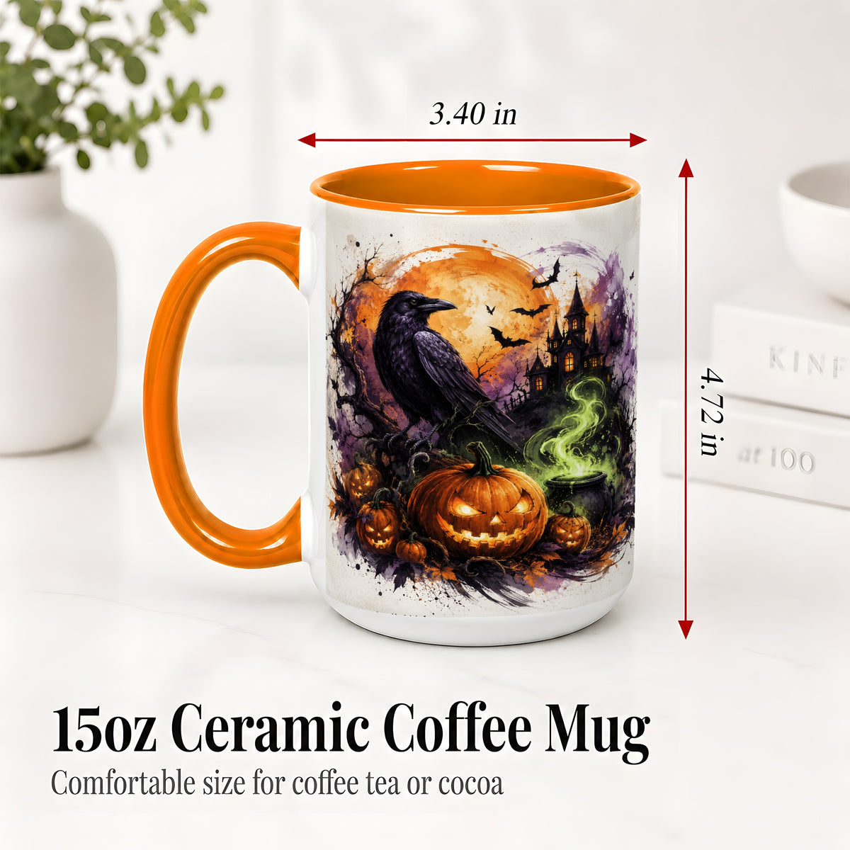 #pl[15oz|Orange] Halloween Raven Ceramic Coffee Cup, Mug with Pumpkin Artwork