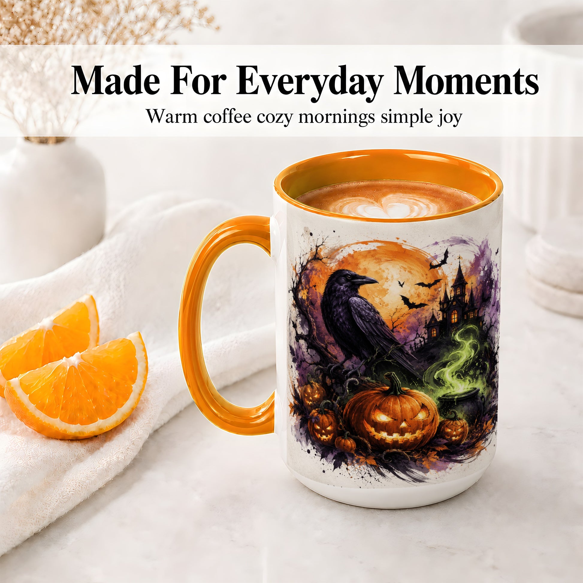 #pl[15oz|Orange] Halloween Raven Ceramic Coffee Cup, Mug with Pumpkin Artwork